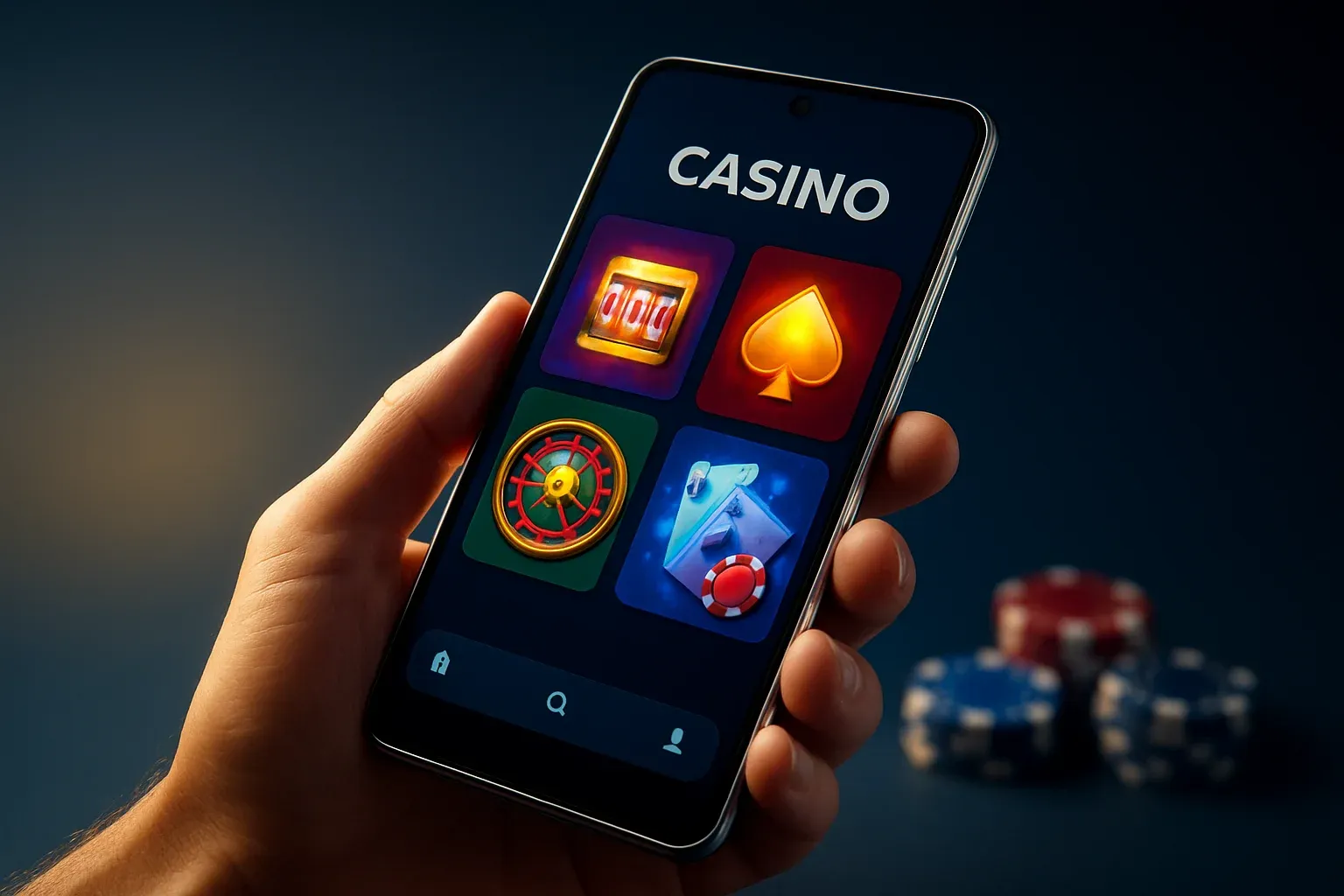 Cinematic flagship Android phone showing vivid casino app interface, studio lighting