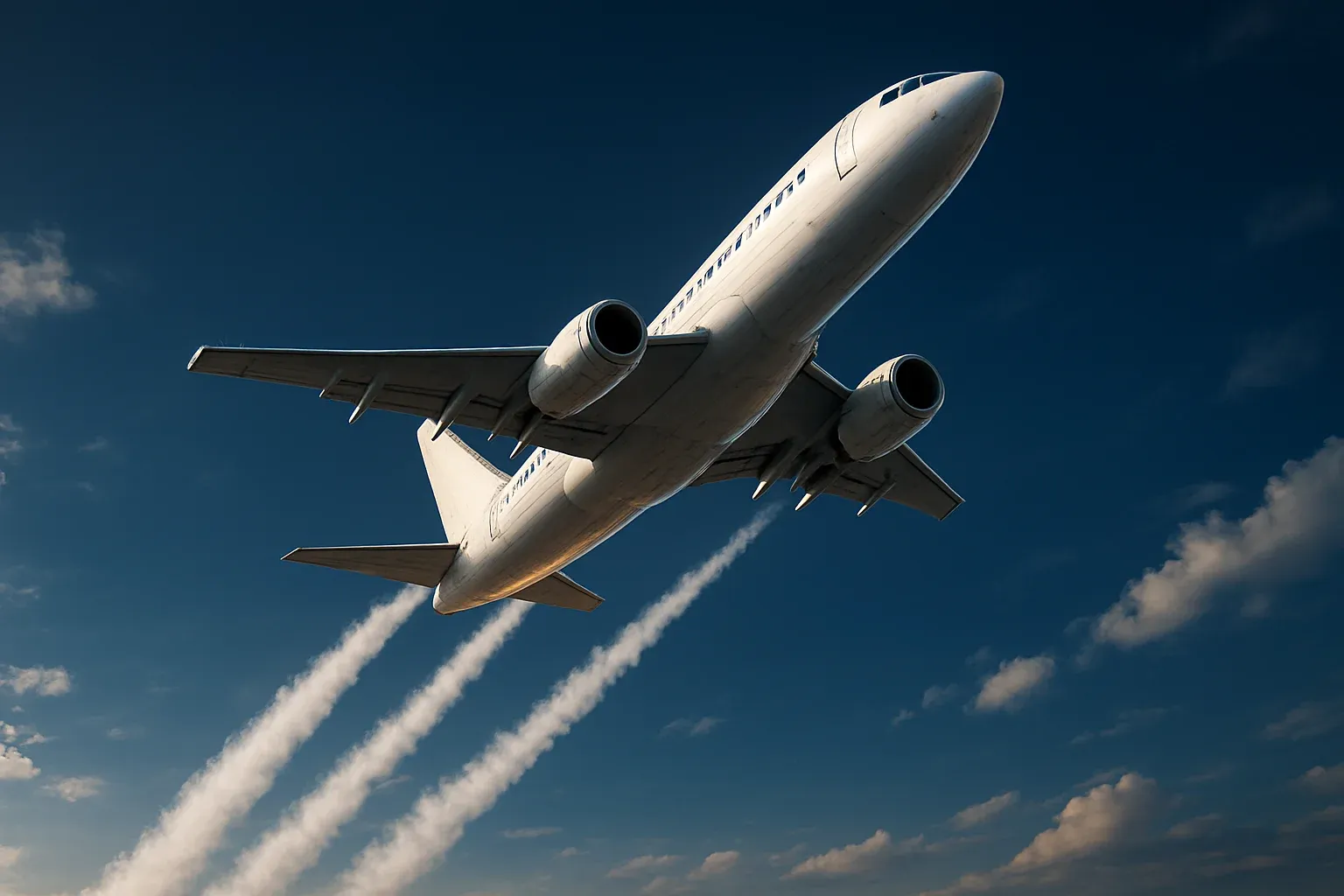 Hyperrealistic white jet climbing steeply in deep blue sky with contrails