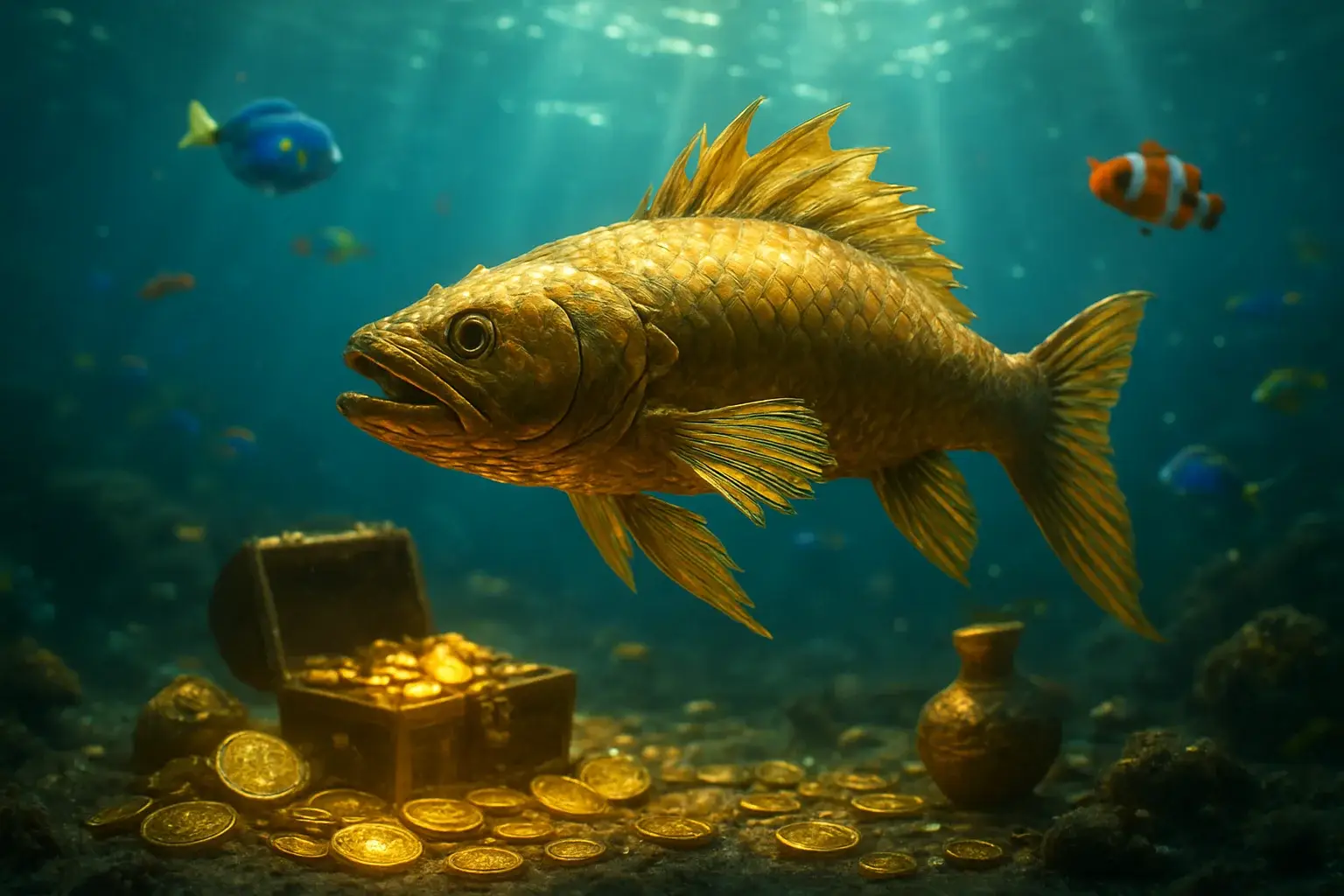 Hyperrealistic underwater golden dragon fish surrounded by glowing coins and treasure