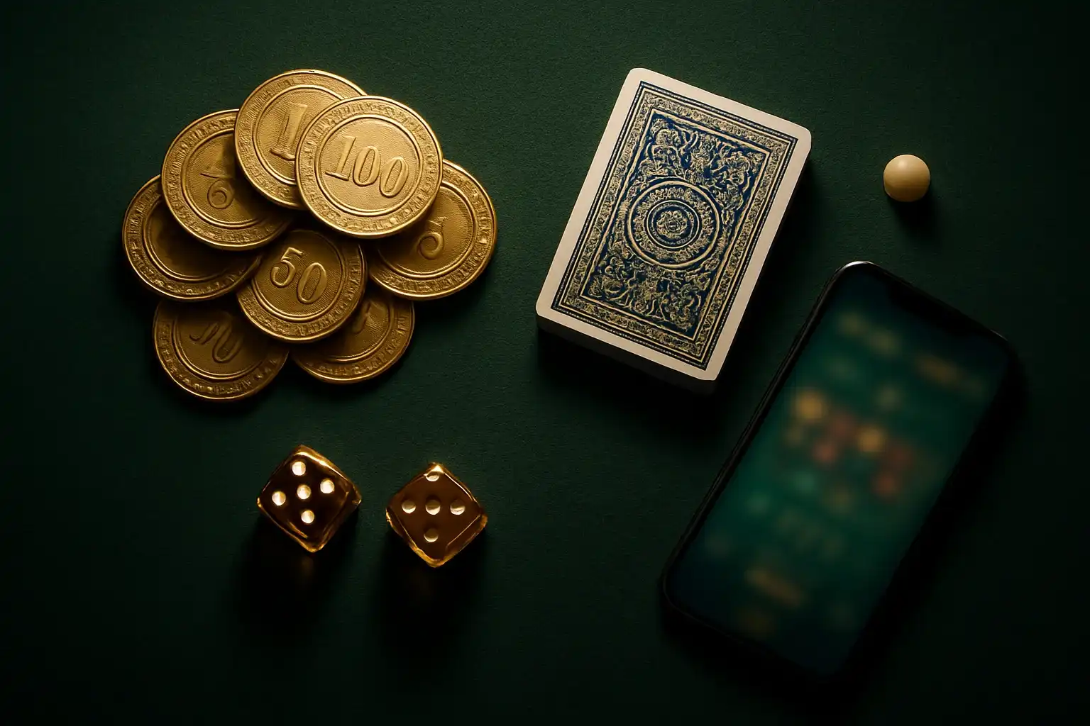 Top-down premium casino table with gold chips, cards, dice, roulette ball, smartphone