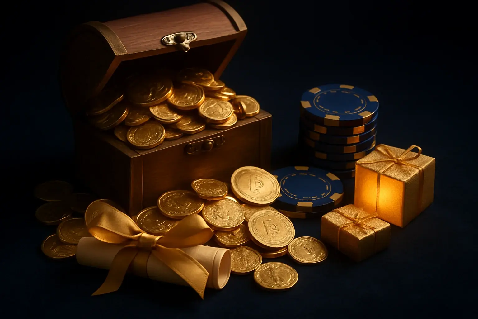 Overflowing treasure chest with gold coins, casino chips, vouchers, and gift boxes