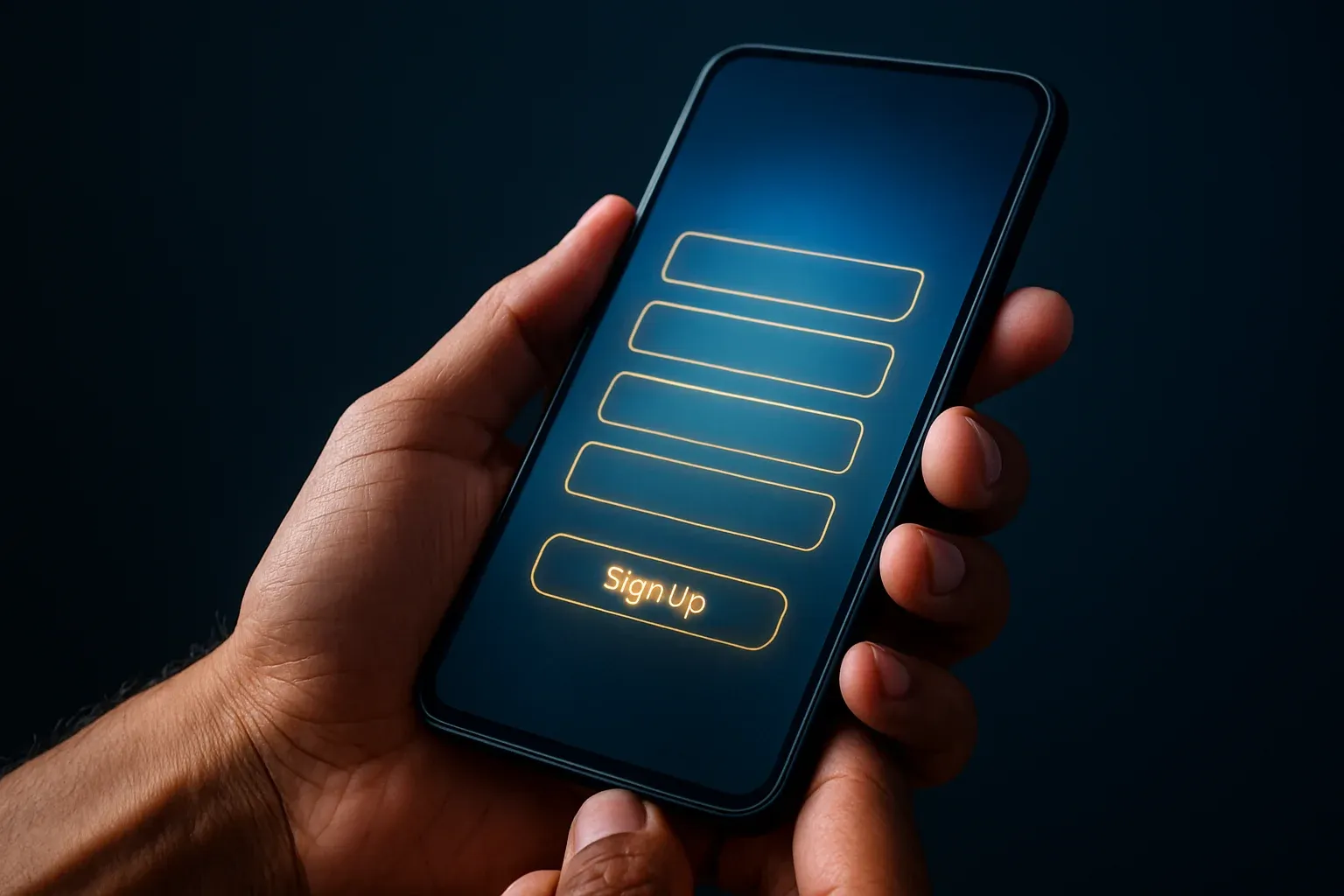 Filipino man hands holding smartphone with blurred registration form, blue gold glow