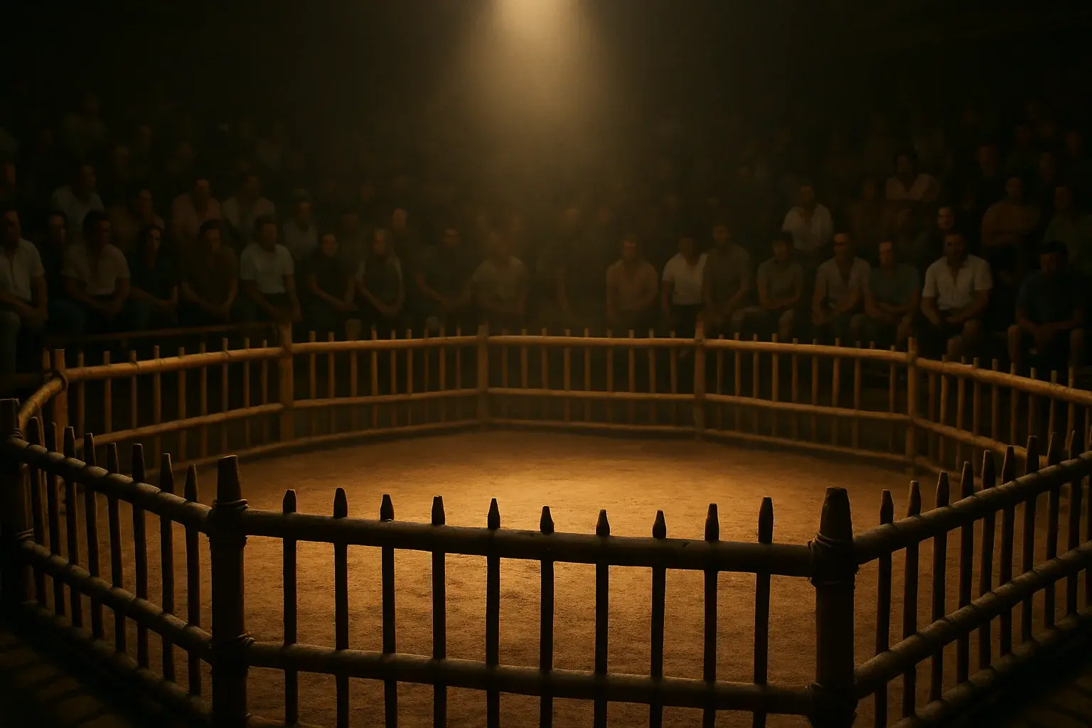 Hyperrealistic wide shot of Philippine sabong cockpit with spotlighted empty sand pit