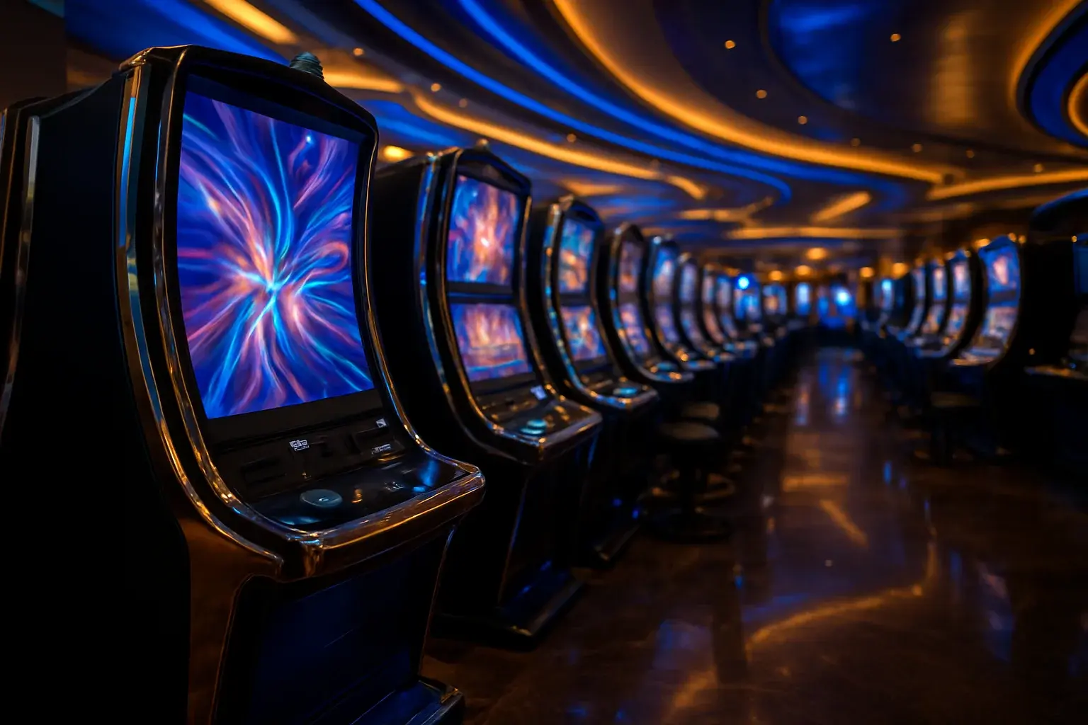 Hyperrealistic wide shot of Manila casino slots floor with blue gold lighting